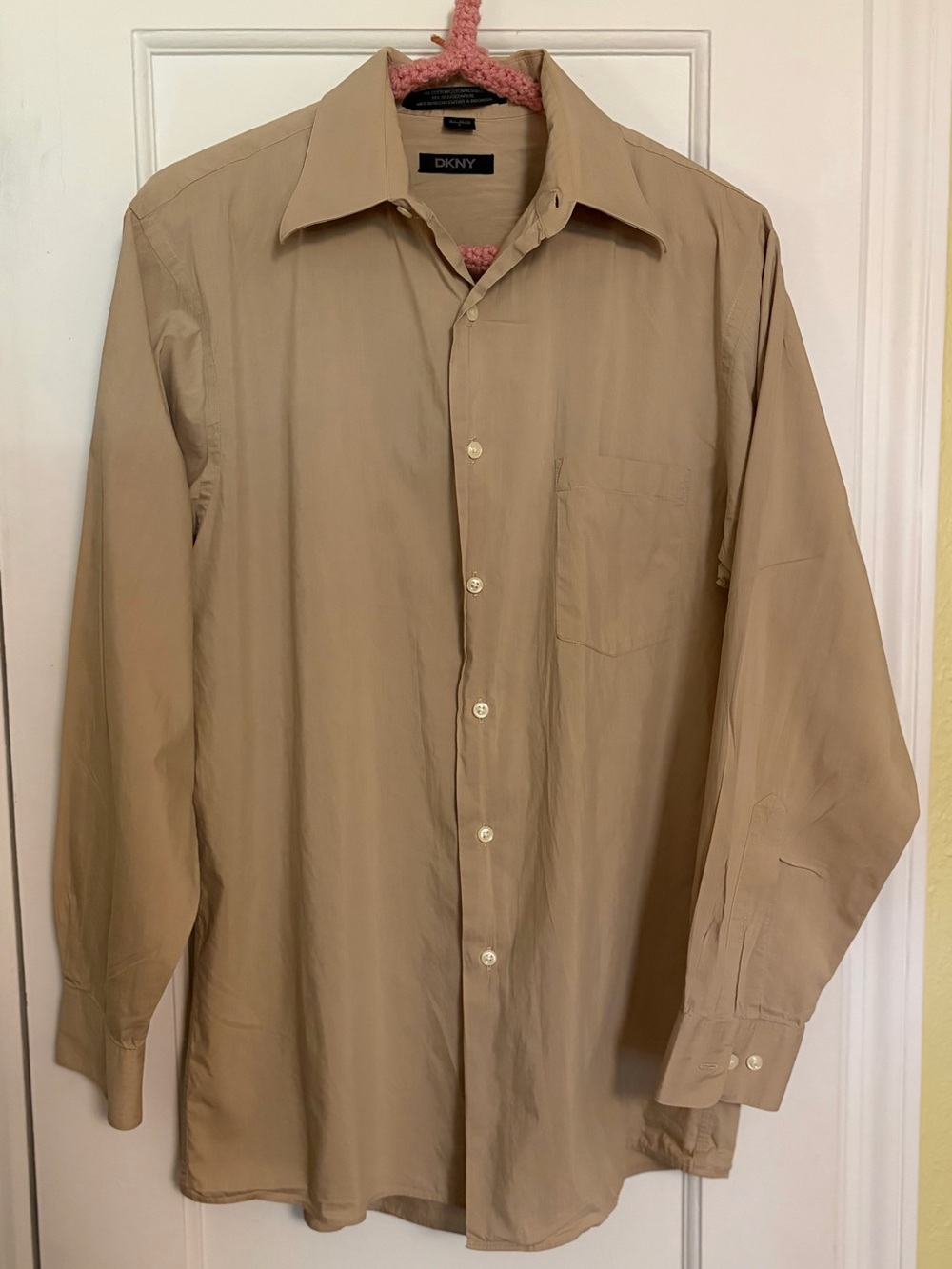 DKNY Men's Tan Cotton Silk Blend Dress Shirt Size M 15.5 32/33 Long Sleeve